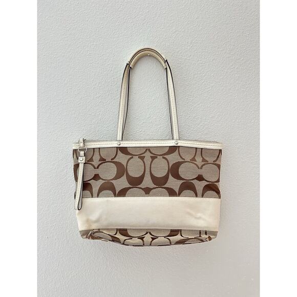 Vintage Coach Khaki Ivory Signature C Stripe Canvas Tote - Picture 1 of 5